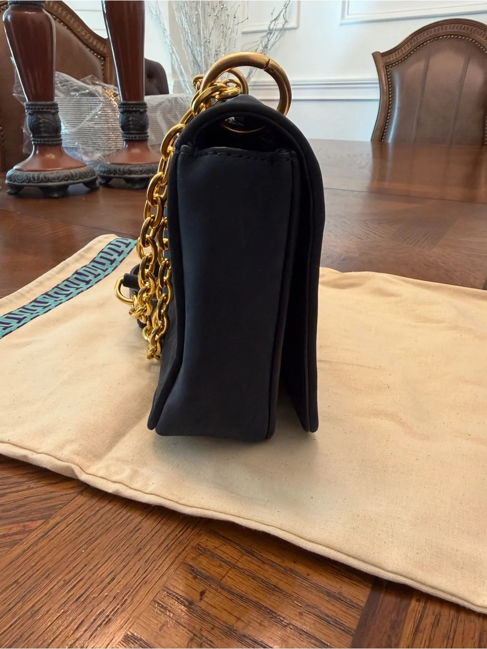 Tory Burch Black Suede Quilted Shoulder Bag with Gold Chain